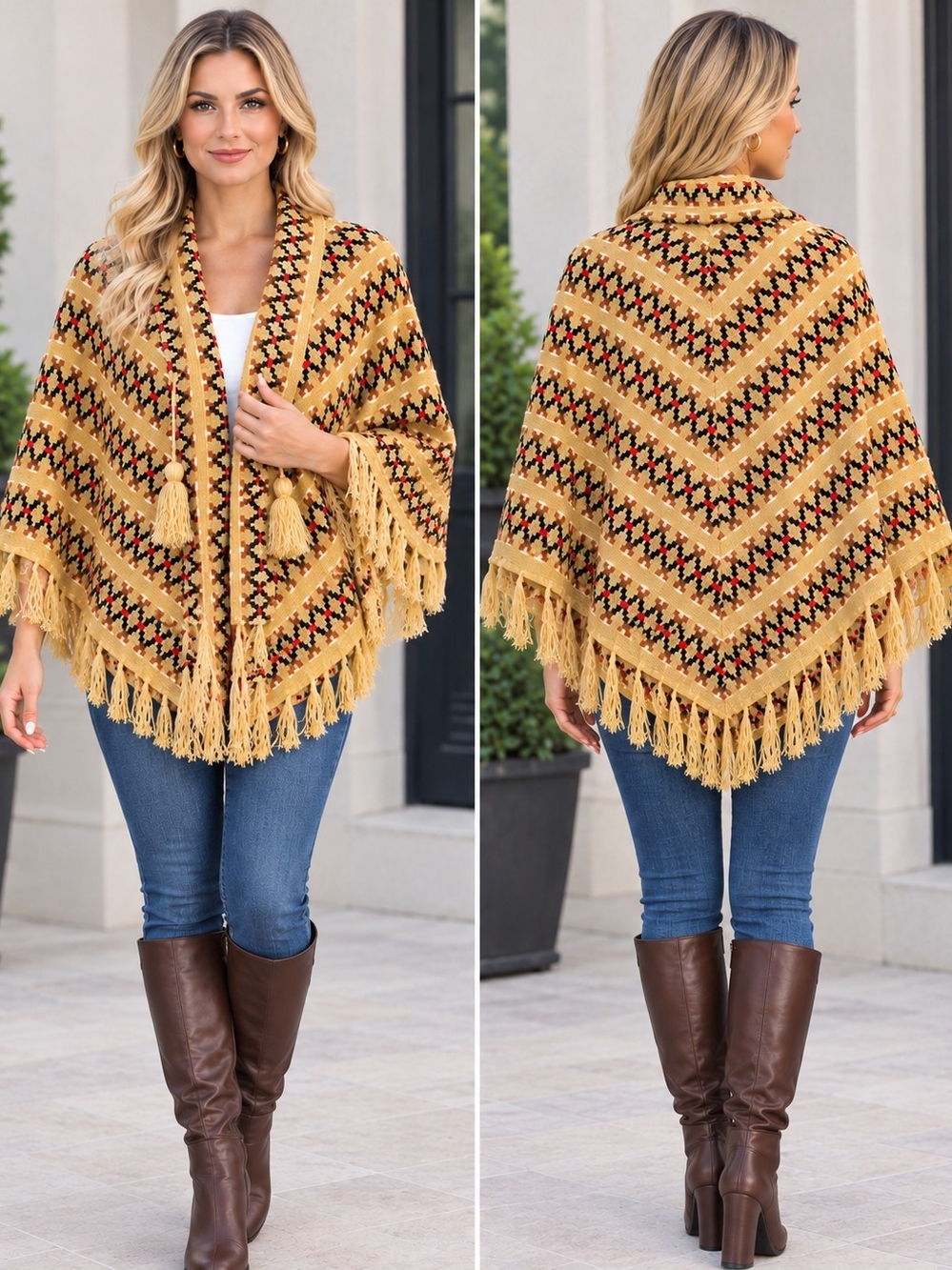Vintage Fringe Knit Poncho in Mustard OSFM